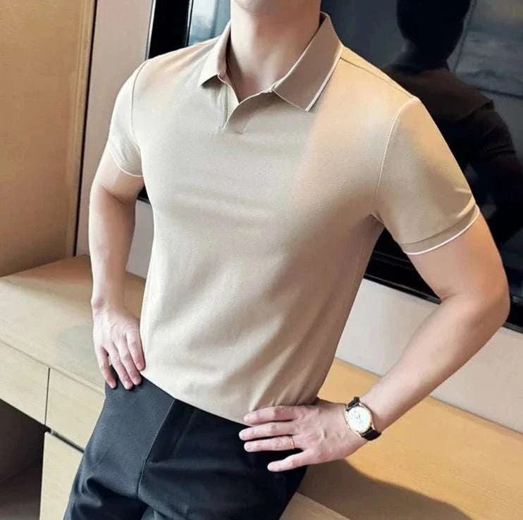 British slim fit summer polo t-shirt in beige, short sleeves.