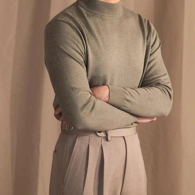 Antonios slim fit half-turtleneck sweater in wool and cotton blend, modeled for men.