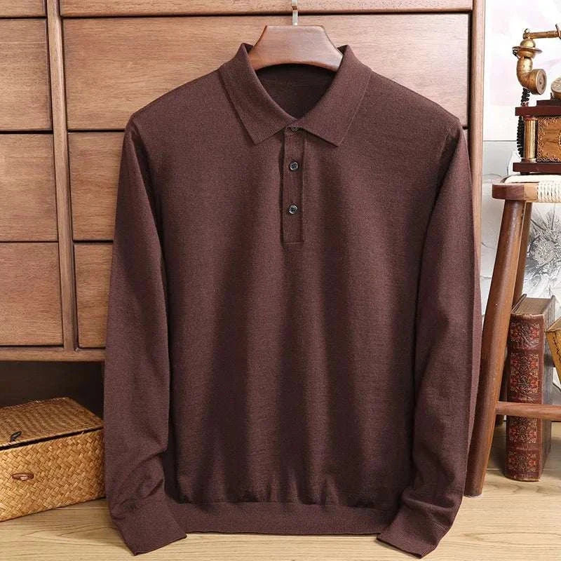 Brown Antonios wool polo sweater on display.