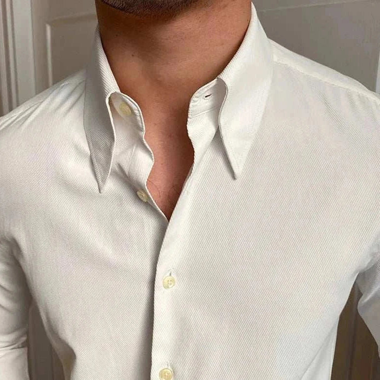 Business collar long sleeve shirt for men, white solid pattern, elegant and breathable.