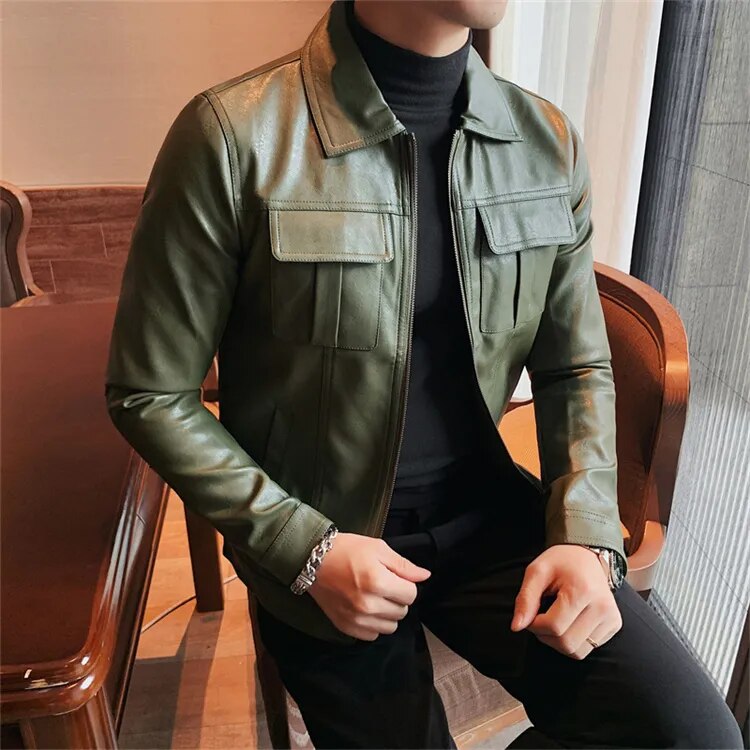 Men's eco-leather jacket in olive green, casual elegant style.