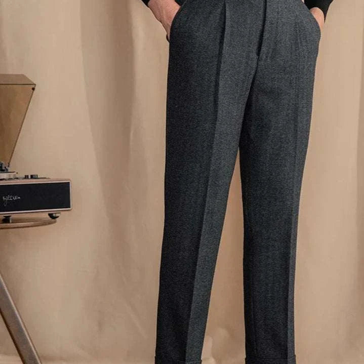 Antonios vintage wool herringbone pants in elegant smart casual style.