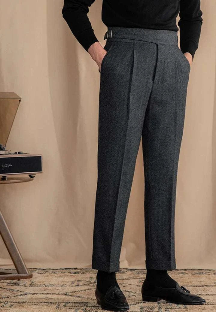 Antonios vintage wool herringbone pants in elegant smart casual style.