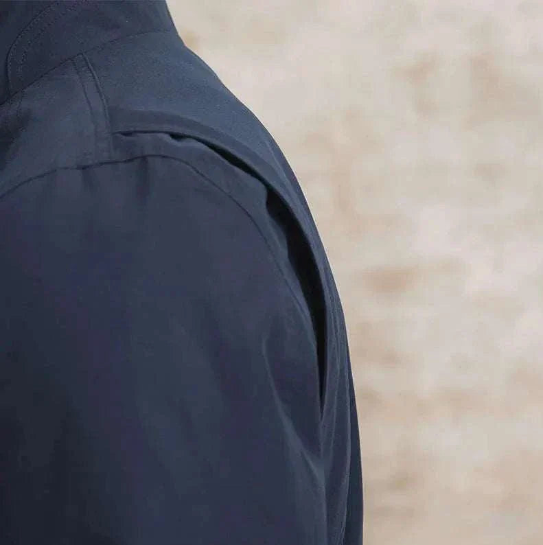 British old money jacket sleeve detail in high-quality cotton fabric.