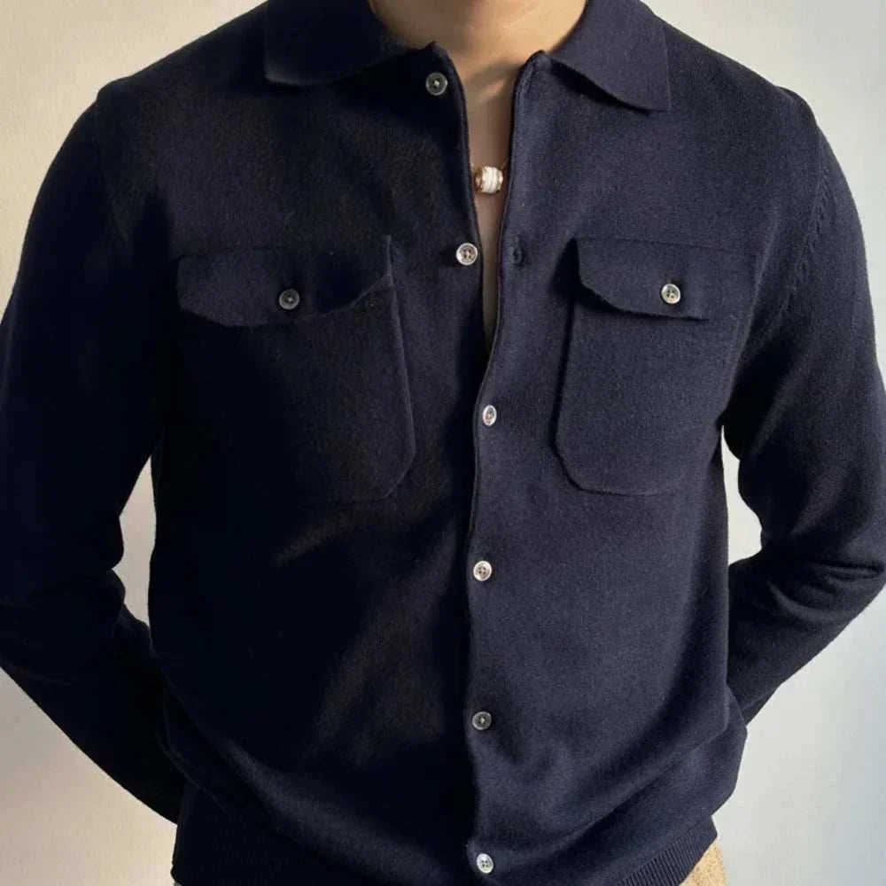 Men's fall season retro jacket in solid black, wool and polyester blend, with button closure and front pockets.