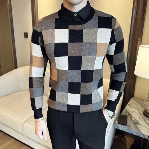 Tone two color sweater with checkered pattern, premium wool blend, available for men.