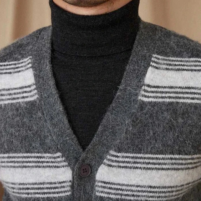 Striped wool v-neck cardigan by Antonios, cozy winter essential.