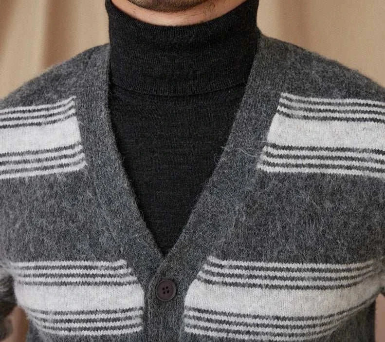 Striped wool v-neck cardigan by Antonios, cozy winter essential.