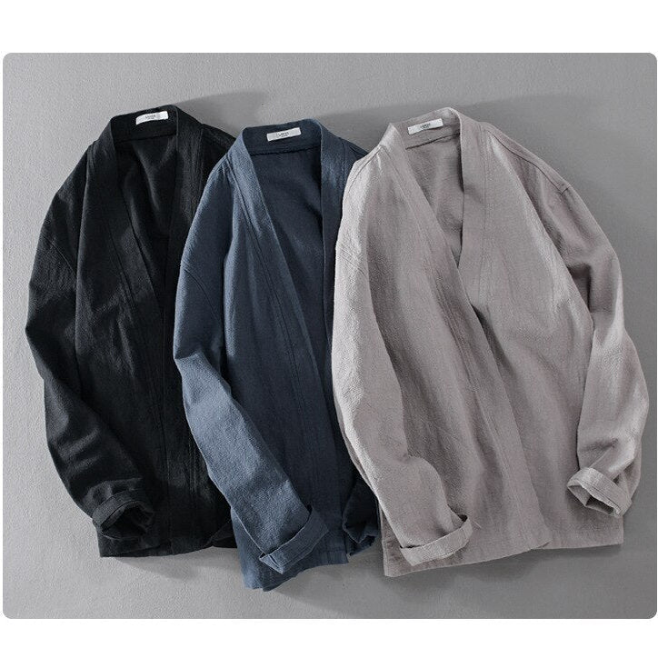 Antonios Linen Long-Sleeved Shirt in black, blue, and grey colors, showcasing lightweight, breathable fabric for smart casual wear.