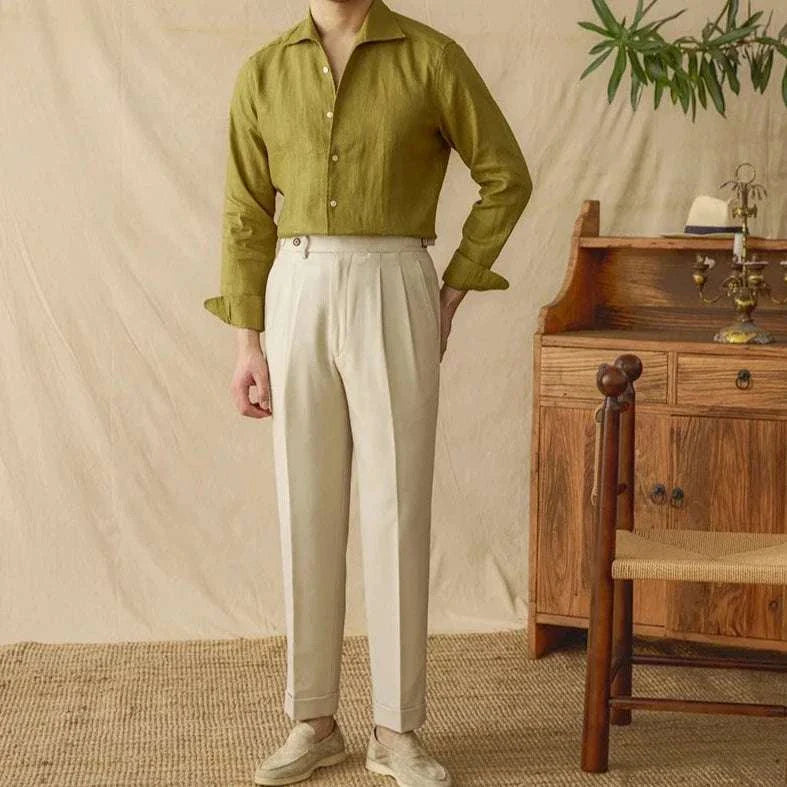 Linen elegant long sleeve shirt for men in casual setting.