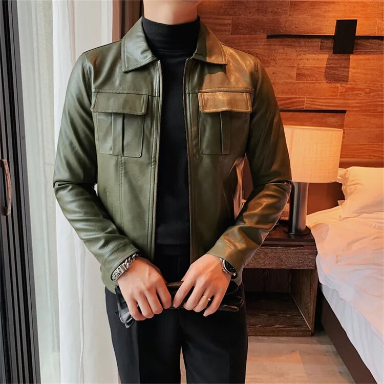 Eco leather jacket for men, casual elegant style, durable and breathable.