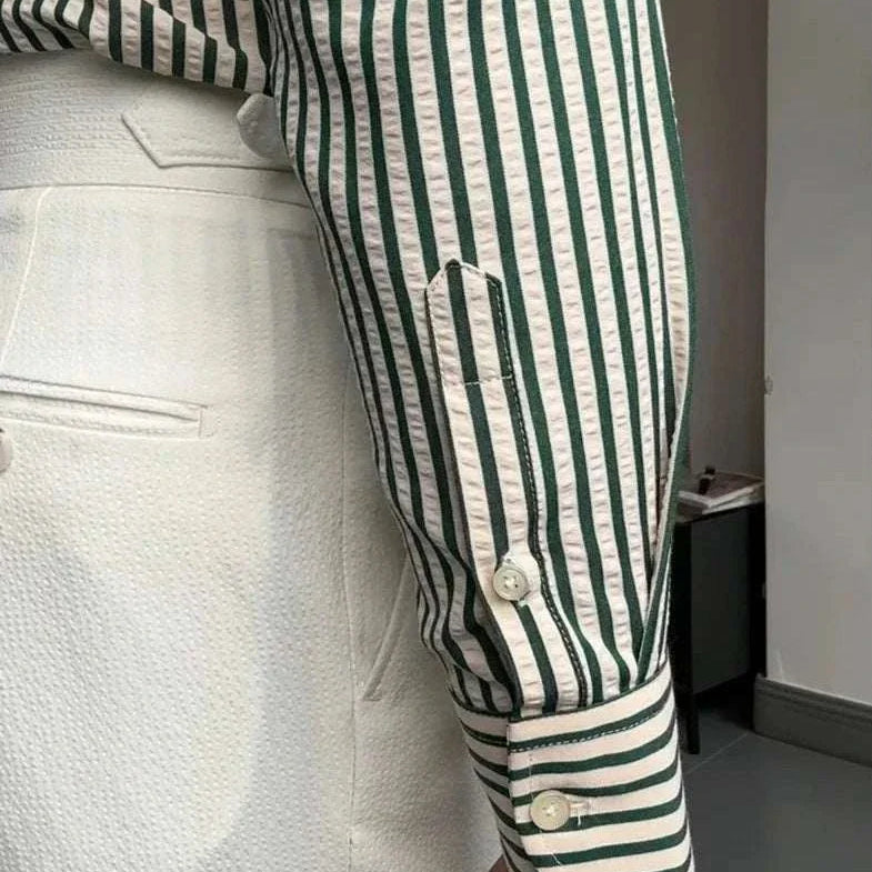 Antonios formal striped long sleeve shirt showing cuff and stripe detail for men.