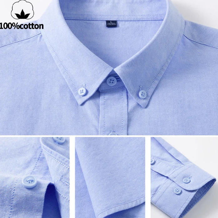 Light blue long-sleeve button-down shirt shown in a collage with close-up views of the collar, front placket, and cuff. The main view shows a clean collar and button placket, with a small inset showing the sleeve cuff and another inset showing the collar detail.