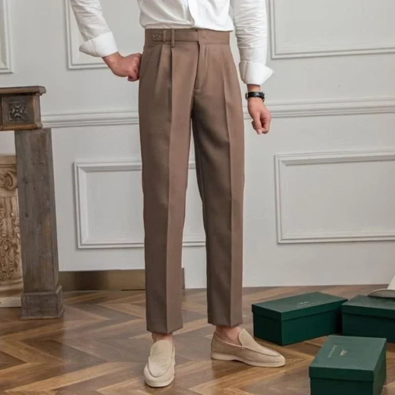 Antonios draped suit pants Korean-inspired elegance, full-length taupe color, smart casual style.