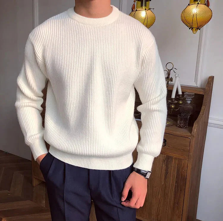Antonios solid round neck knit sweater for men in standard wool, white color.