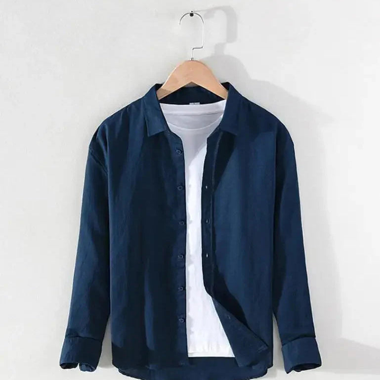 Spring stand collar long-sleeve casual button-up shirt on hanger.