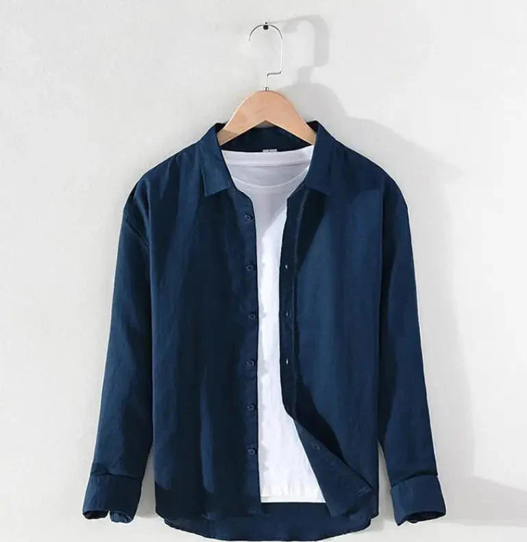 Spring stand collar long-sleeve casual button-up shirt on hanger.