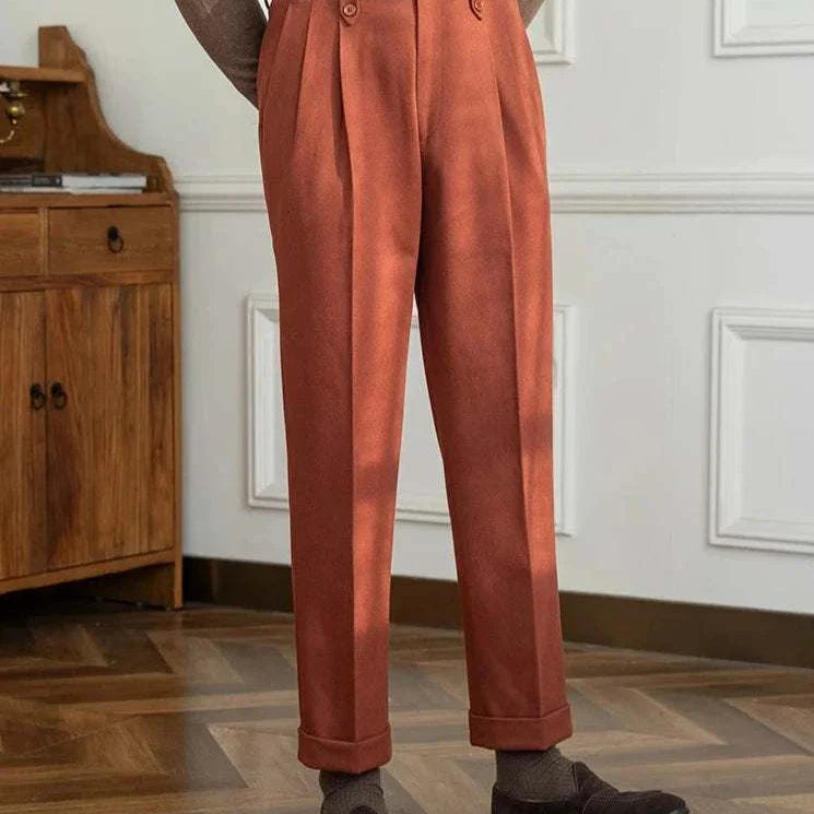 Straight high-waist casual trousers for men in a solid pattern, polyester material.