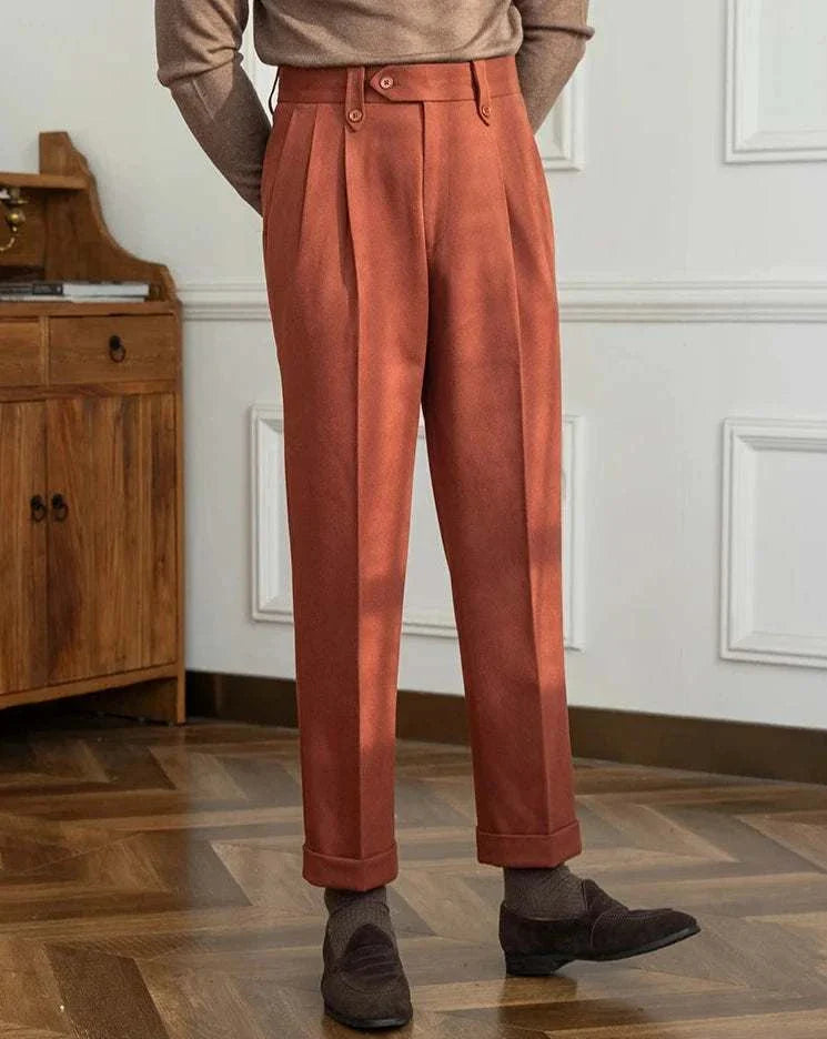 Straight high-waist casual trousers for men in a solid pattern, polyester material.