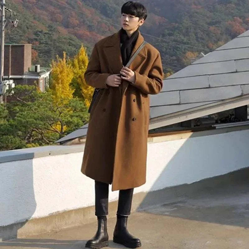 Woolen Korean long coat for men in autumn setting.