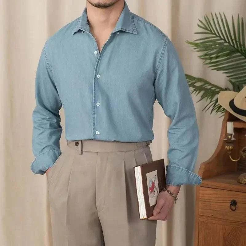 Vintage casual long sleeve shirt for men, light blue, solid pattern, perfect for spring and summer.