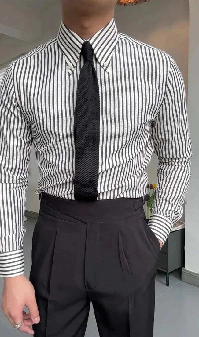 Antonios formal striped long sleeve shirt, classic design, men's fashion, high-quality cotton polyester blend.