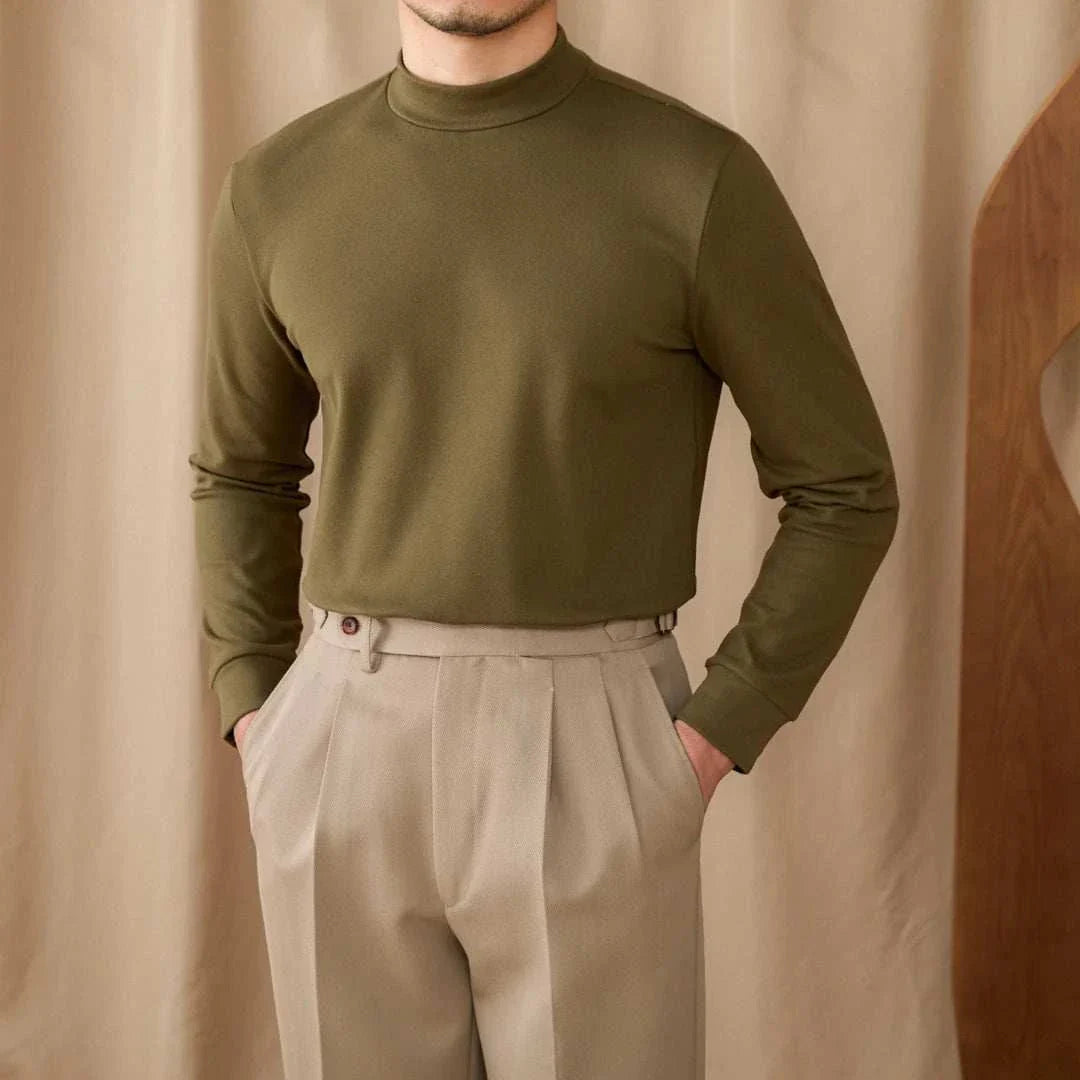 Soft half turtleneck sweater for men in olive green.