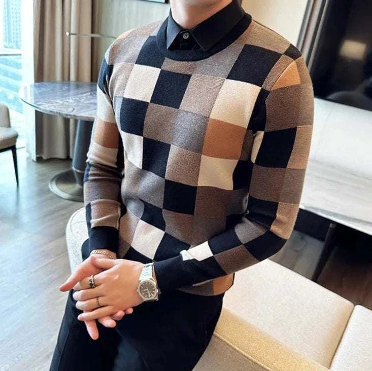 Tone two color sweater with checkered pattern in brown and black, worn by a person in a modern room.