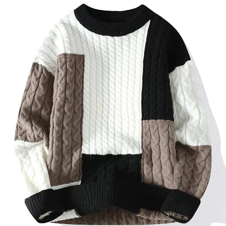 Norway neck sweater in multicolor design with cable knit pattern.