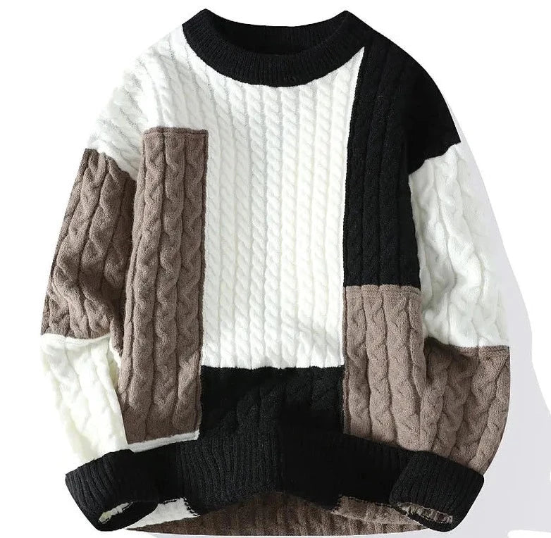 Norway neck sweater in multicolor design with cable knit pattern.