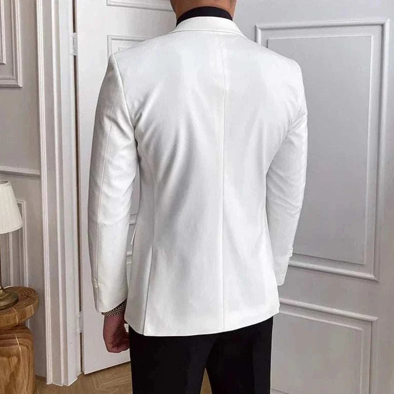 Elegant slim fit suit jacket in white, polyester material, back view.