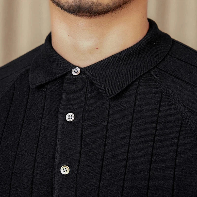 Men's black Woolblend sweater with button-up collar, Italian style.