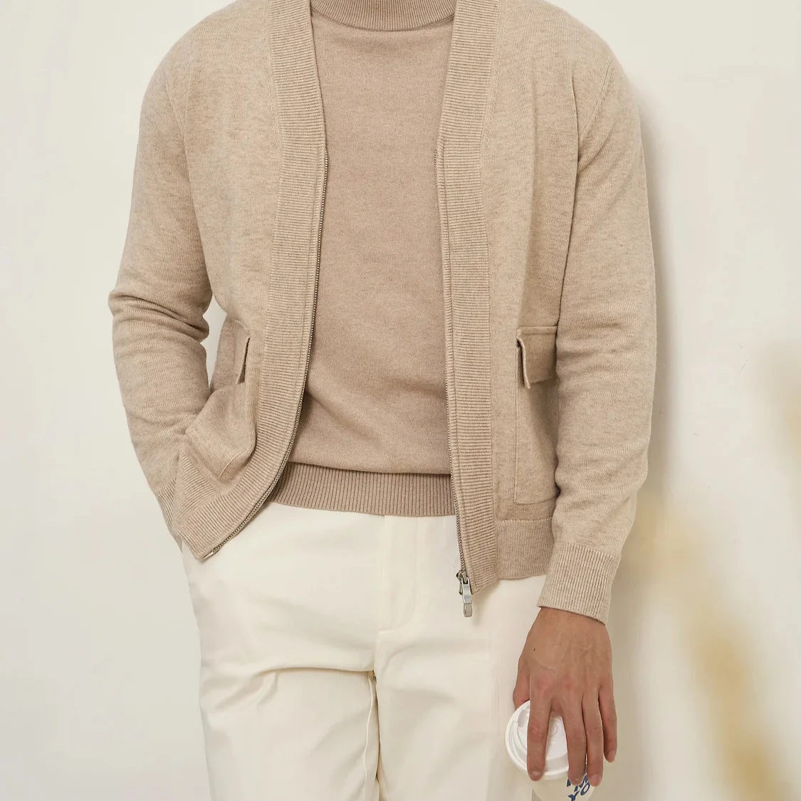 British pullover old money cardigan for men in warm wool, beige color.