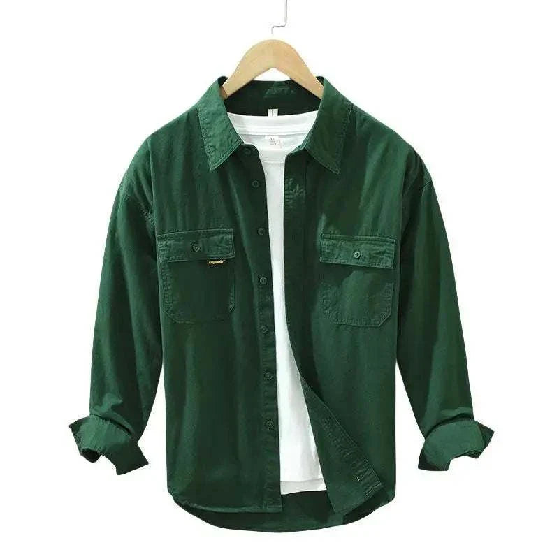 Green pure cotton casual spring shirt for men, featuring a solid pattern, ideal for spring/summer.