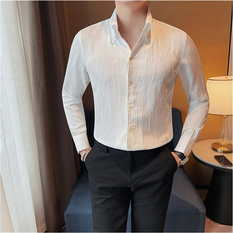 LUXE Long-Sleeve Shirt in high-quality cotton and linen blend for men, featuring a stylish fit and solid pattern.