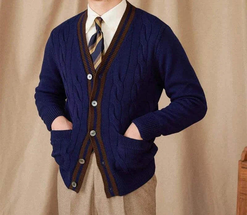 Antonios twisted knit cardigan in Italian vintage style with buttons and pockets.