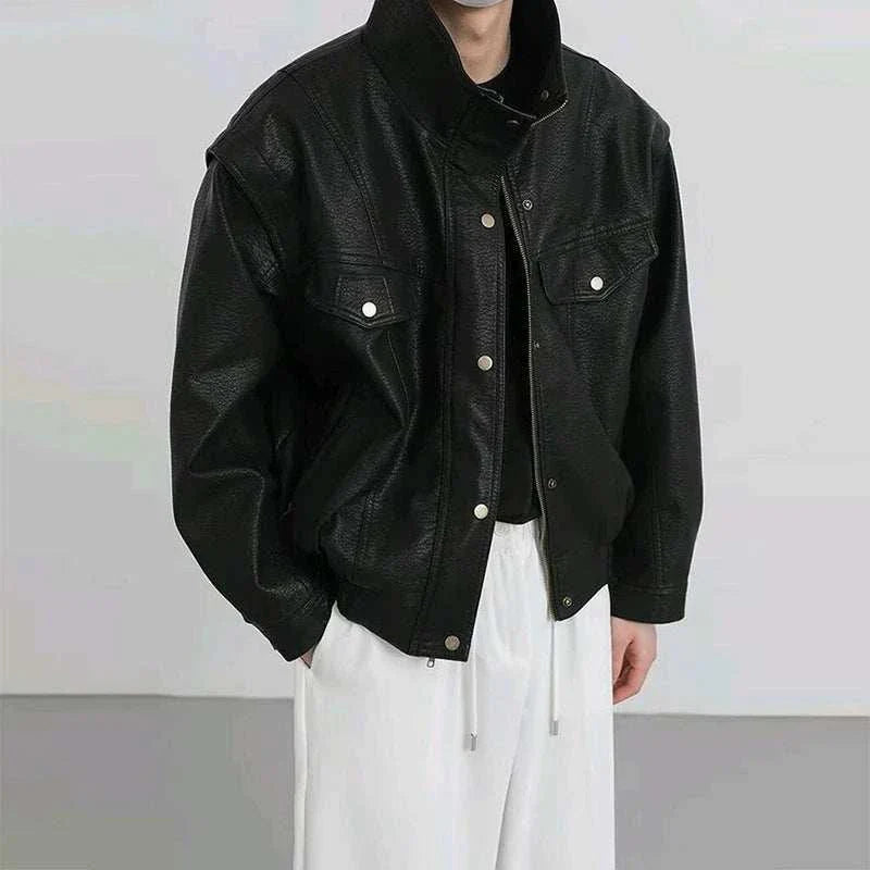 Turn-down PU leather vintage jacket for men in black, perfect for all seasons.