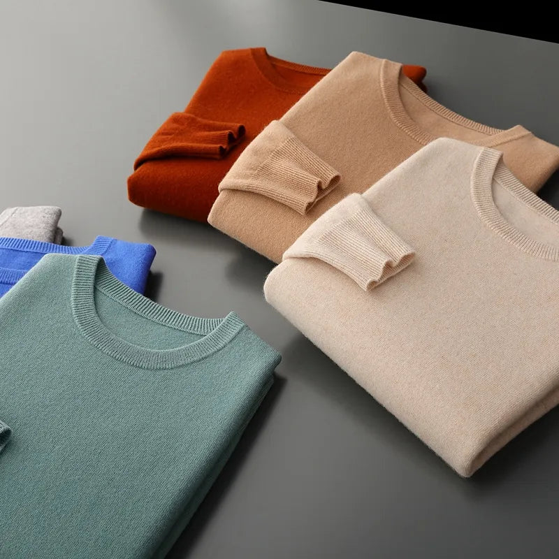 Antonios Pure Wool Sweater in various colors and solid pattern displayed neatly.