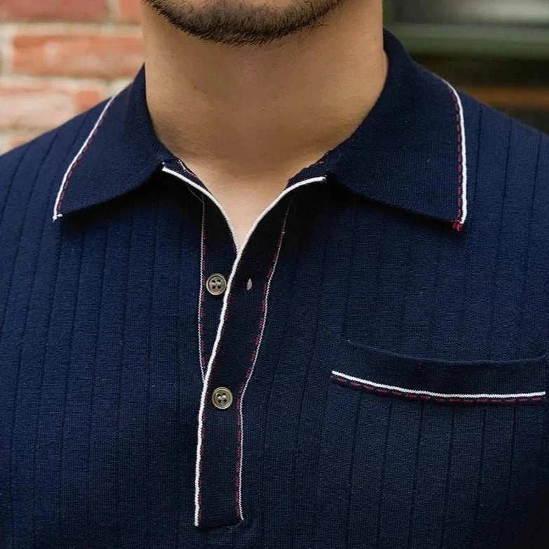 Men's old money polo English t-shirt, navy, ribbed texture, button-down, spring/summer style.