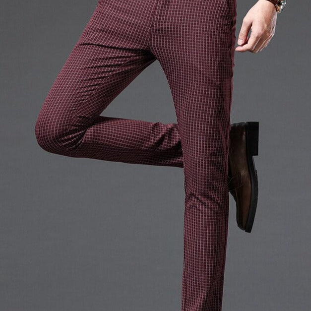 Vinny Plaid Trousers in wine red, full-length, casual style.