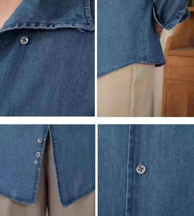 Vintage casual long sleeve shirt with button details in lightweight blue fabric.