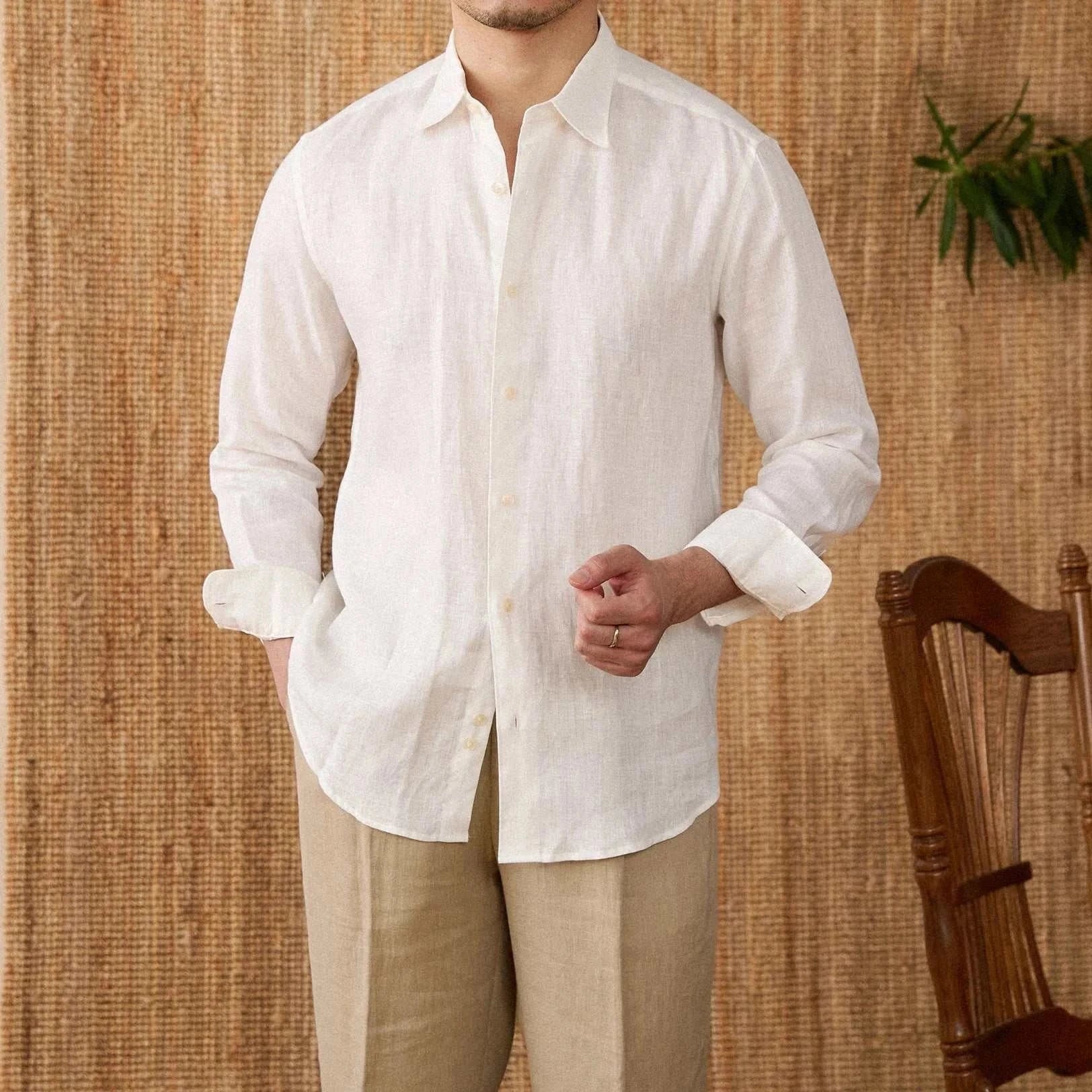 Relaxed fit casual long sleeve linen shirt for men, perfect for spring and summer.