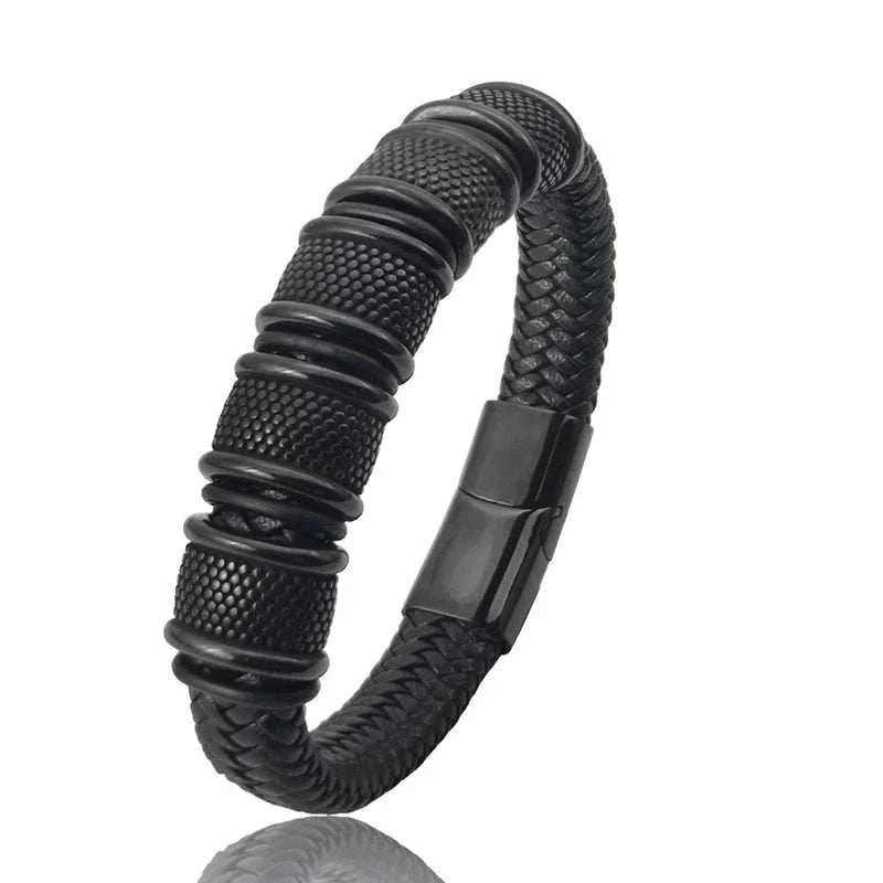 Stainless steel leather bracelet with black PU detailing.