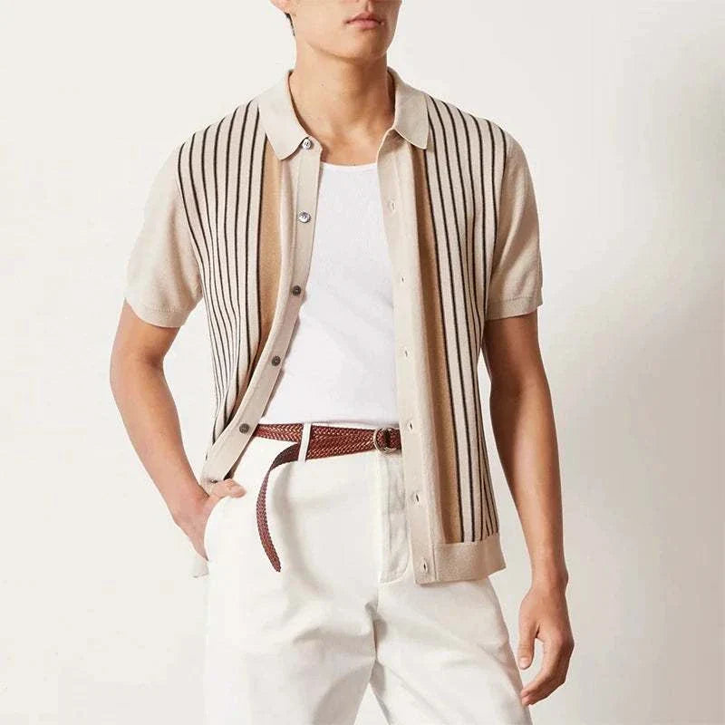 Men's summer retro short sleeve shirt in beige with vertical stripes, worn open over a white tee.