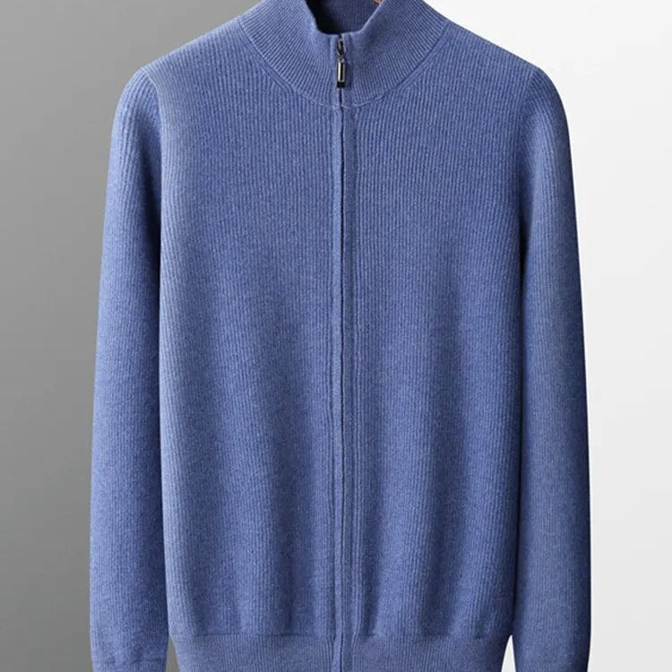 Men's pure wool cardigan in solid blue, featuring a casual smart fit and breathable material.