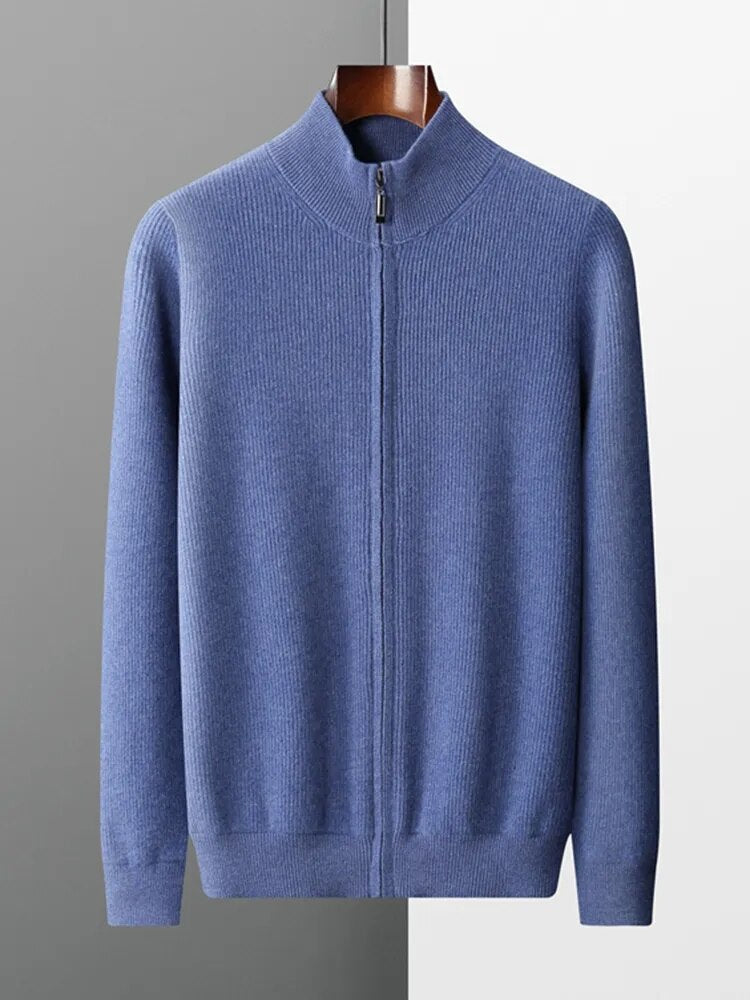Men's pure wool cardigan in solid blue, featuring a casual smart fit and breathable material.
