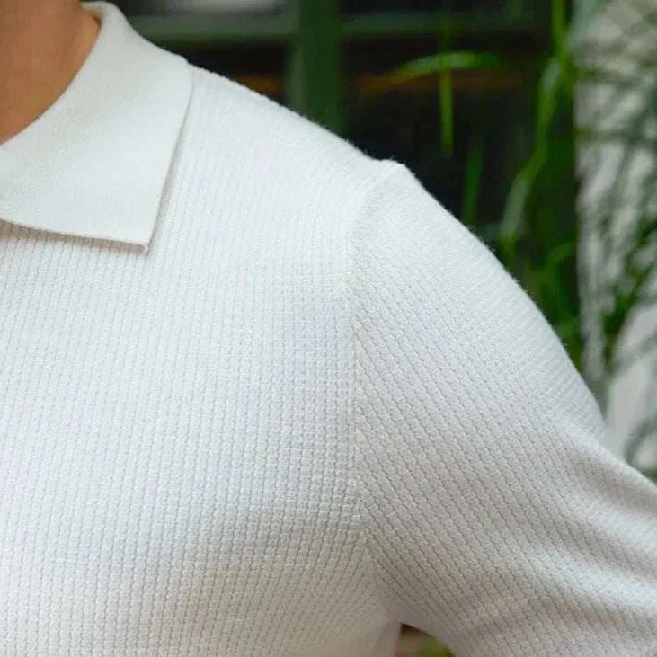 White summer v-neck polo English t-shirt in breathable cotton fabric.