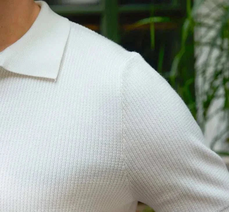 White summer v-neck polo English t-shirt in breathable cotton fabric.