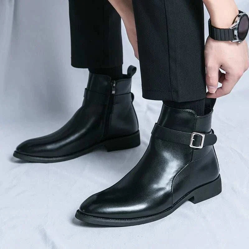 Elegant luxury black boots made of ecological leather and rubber.