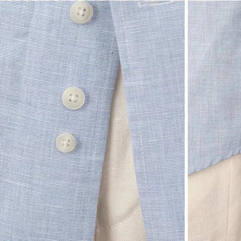Close-up of buttons on a Piece collar casual long-sleeve shirt in light blue fabric.